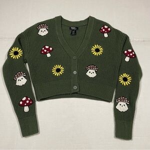 Thor & fable Green Cardigan with Mushroom and Sunflower Embroidery size XS